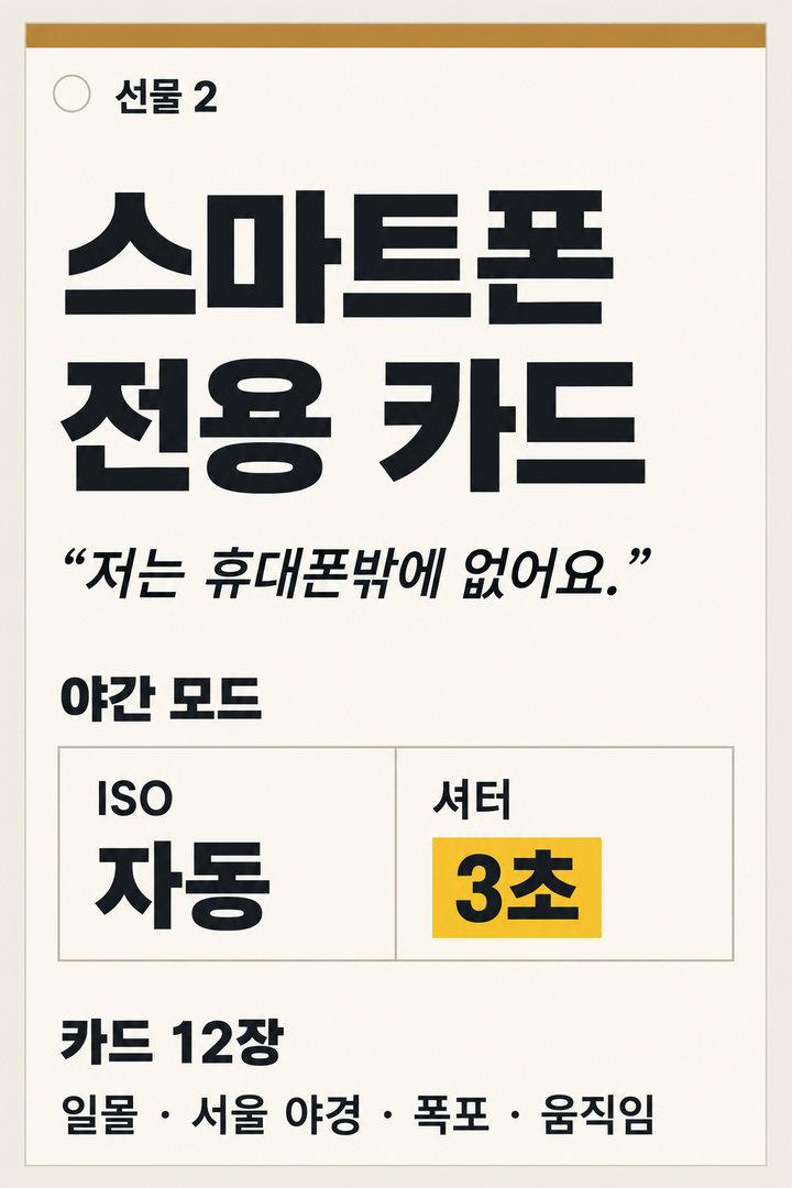선물 2: 스마트폰 전용 카드 — 프로 모드와 야간 모드의 숫자를 담은 카드 12장, 가장 자주 찍는 장면들: 일몰, 도시 야경, 폭포, 움직임