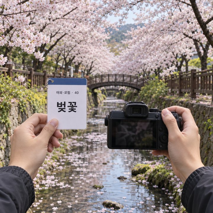 진해 여좌천 벚꽃 아래에서 카메라를 든 손, 다른 손에는 「벚꽃」 카드