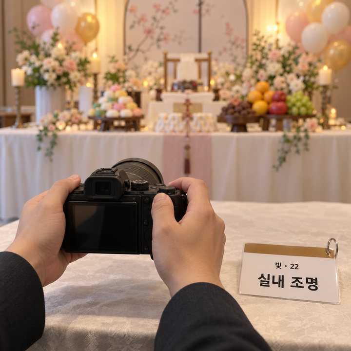 돌잔치장의 노란 실내 조명 아래 놓인 카메라와 「실내 조명」 카드