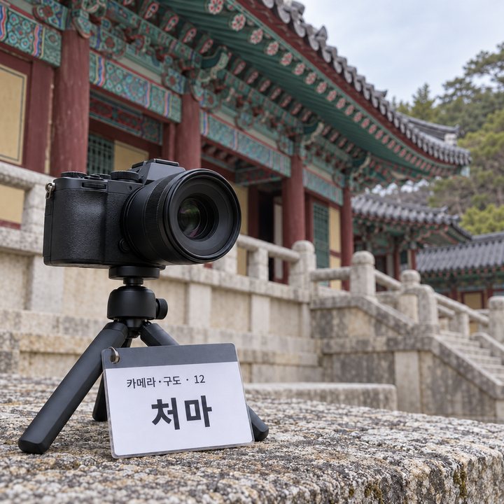 경주 불국사 처마 아래에 놓인 카메라와 「처마」 구도 카드