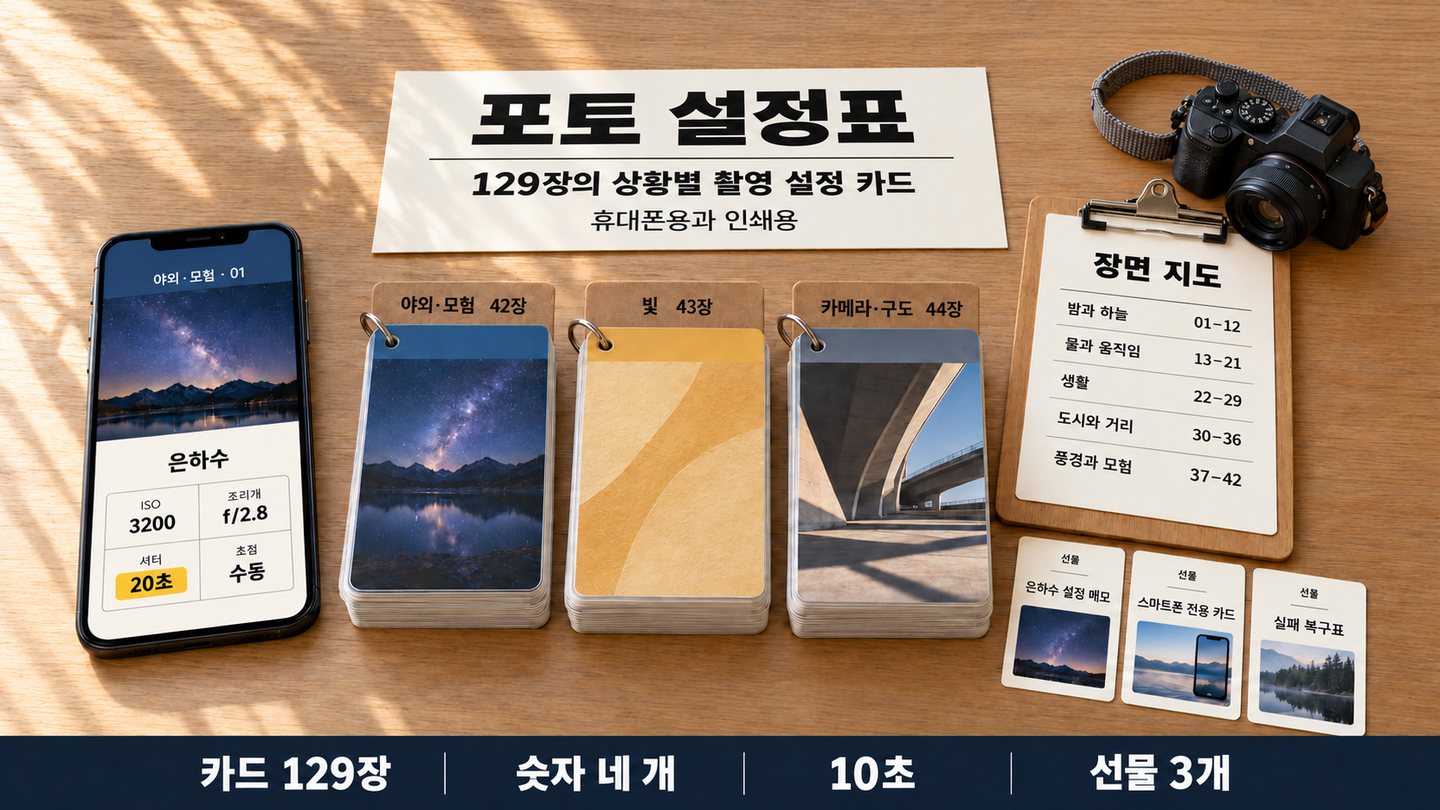 책상 위의 전체 구성: 카드가 띄워진 휴대폰, 상황별 카드 129장, 장면 지도, 그리고 카메라 옆의 선물 3개