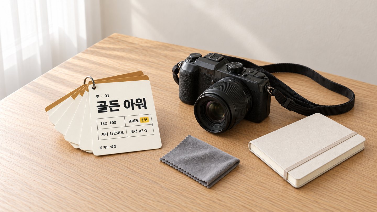 빛 카드 43장: 빛에 관한 카드들이 책상 위에 놓여 있고 옆에 카메라