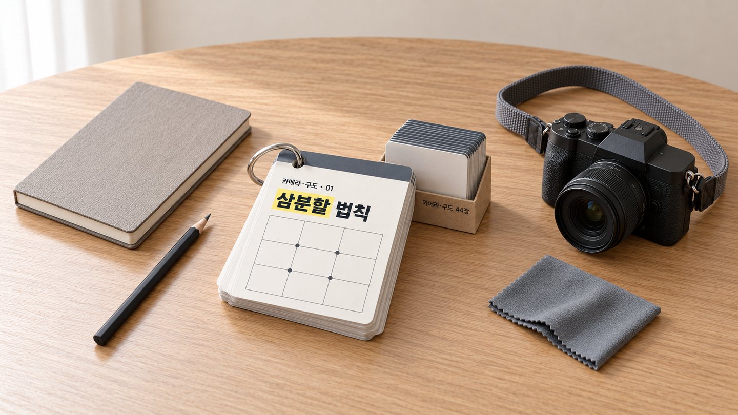 카메라·구도 카드 44장: 카메라와 구도에 관한 두 묶음의 카드가 책상 위에