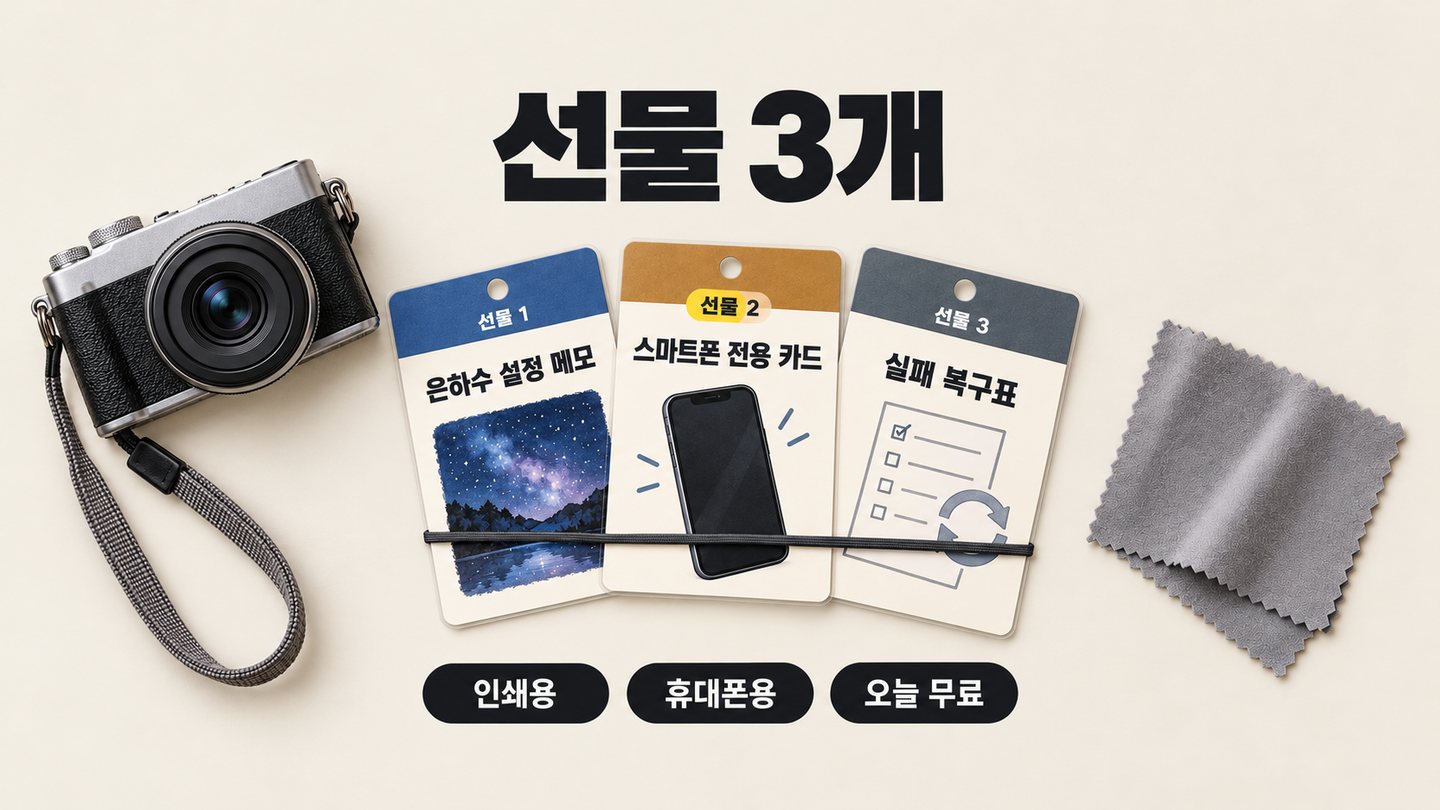 선물 3개: 은하수 설정 메모, 스마트폰 전용 카드, 실패 복구표