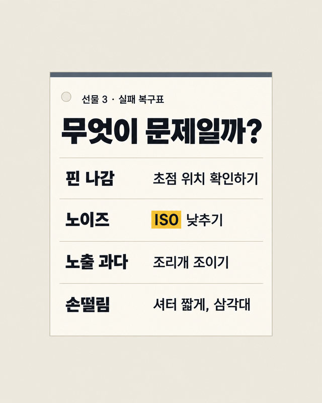 실패 복구표: 핀 나감, 노이즈, 노출 과다, 손떨림